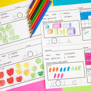 Op de afbeelding: Een werkblad met rekenproblemen voor kinderen. De problemen omvatten het aftrekken van getallen en het tekenen van afbeeldingen om de problemen voor te stellen. Het werkblad heeft een titel die "Show on ten frames" luidt en bevat een tien-frame raster.