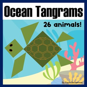 Może przedstawiać: Kwadratowa grafika edukacyjna zatytułowana Ocean Tangrams 26 animals! przedstawiająca zielonego geometrycznego żółwia ułożonego z kształtów tangramu. Tło ukazuje jasnoniebieską podwodną scenerię z różowym koralem, żółtymi algami i napisem By Paula Beckerman.