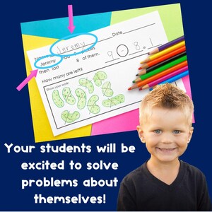 Op de afbeelding: Een werkblad met een rekenprobleem voor een kind genaamd Jeremy. De vraag is hoeveel augurken er over zijn nadat Jeremy 8 van zijn 18 augurken heeft verloren. Het werkblad heeft een afbeelding van 18 augurken waarvan er 8 zijn doorgestreept. Een jongen glimlacht op de achtergrond.