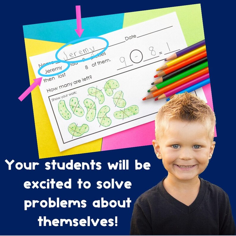 Op de afbeelding: Een werkblad met een rekenprobleem voor een kind genaamd Jeremy. De vraag is hoeveel augurken er over zijn nadat Jeremy 8 van zijn 18 augurken heeft verloren. Het werkblad heeft een afbeelding van 18 augurken waarvan er 8 zijn doorgestreept. Een jongen glimlacht op de achtergrond.