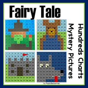 Puede incluir: Un colorido póster educativo titulado "Fairy Tale Mystery Pictures" con cuatro gráficos de números del 1 al 100. El póster está diseñado con fines educativos e incluye el texto "by Paula Beckerman."
