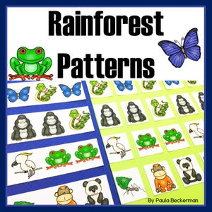 May include: A colorful educational game titled "Rainforest Patterns" features illustrations of rainforest animals like frogs, butterflies, and gorillas. The game is designed to teach pattern recognition with a variety of animal images.