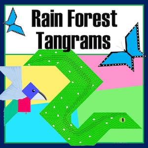 Tangrams imprimibles de animales de la selva tropical con figuras 2D congruentes. Centro de matemáticas y hoja de trabajo.