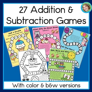 Könnte beinhalten: Ein Satz von 27 druckbaren Additions- und Subtraktions-Spielen für Kinder. Die Spiele zeigen farbenfrohe Illustrationen von Eisbechern, Katzen, Ananas und Raupen. Die Spiele sollen Kindern helfen, grundlegende mathematische Fakten zu lernen.