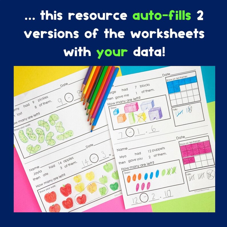 Op de afbeelding: Twee printbare werkbladen met kleurrijke illustraties en rekenproblemen. Het eerste werkblad toont een kind met augurken en vraagt hoeveel er overblijven nadat er wat zijn gegeten. Het tweede werkblad toont een kind met appels en vraagt hoeveel er overblijven nadat er wat zijn gegeten. Beide werkbladen hebben een sectie om werk te laten zien en een plek om de datum te schrijven.