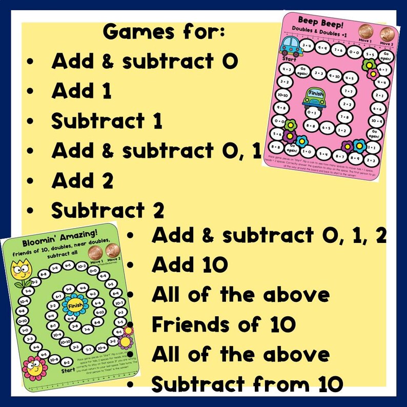 Puede incluir: Juegos educativos para sumar y restar sobre un fondo amarillo. Se muestran dos tableros de juego, uno rosa y otro verde, con ilustraciones coloridas y los textos "Beep Beep!" y "Bloomin' Amazing!". Los juegos cubren varios conceptos matem&aacute;ticos.