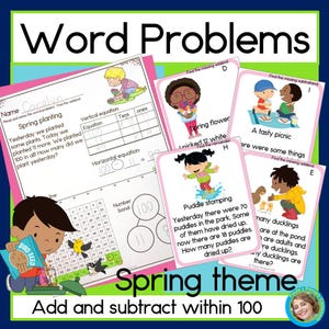 Pode incluir: Um conjunto de folhas de trabalho imprimíveis para crianças praticarem adição e subtração dentro de 100. As folhas de trabalho apresentam um tema primaveril com ilustrações coloridas de flores, pássaros e um piquenique. O texto nas folhas de trabalho inclui problemas de palavras, equações e ligações de números.