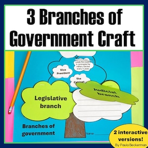 Puede incluir: Un colorido proyecto de manualidades educativas titulado "3 Branches of Government Craft". El diseño presenta un árbol con ramas etiquetadas: Legislativo, Judicial, y una sección para el Vicepresidente y el Gabinete. Incluye el texto "2 interactive versions!"