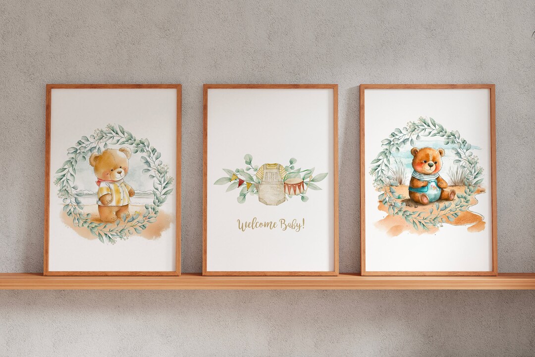 Teddy Bear Nursery Wall Art Set of 3 – Neutral Watercolor Printable ...