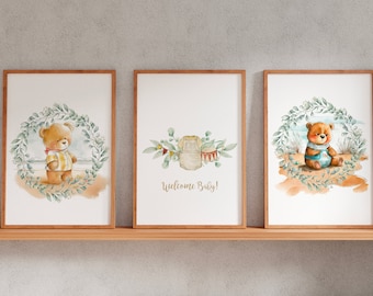 Teddy Bear Nursery Wall Art Set of 3 – Neutral Watercolor Printable Baby Room Decor