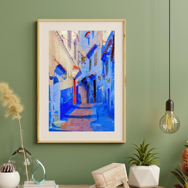 Chefchaouen Blue Morocco Laneway, Original Travel Art Home Decor, Wanderlust Northern Africa Chaouen, Painted Blue Town, Azure Indigo