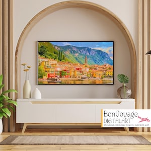 Varenna Lake Como Italian Vacation Wall Art, Digital Painting from Photography, Travel Italy Holiday Lombardy Poster Print, Alps Mountains