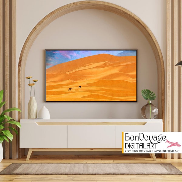 Camels in the Vast Desolate Sahara Desert Morocco, Digital Painting from Photography, Original Travel Art Home Decor, Northern Africa