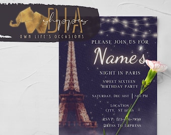 Könnte beinhalten: Eine violette Einladung mit einem Bild des Eiffelturms bei Nacht. Die Einladung lautet: "Bitte schließen Sie sich uns an für Name's Night in Paris Sweet Sixteen Geburtstagsparty Samstag, 31. Dezember 19:00 Uhr Ort Stadt, ST 1245 RSVP: 123-4-6-7890 Dress to Impress SHHH... Es ist eine Überraschung"