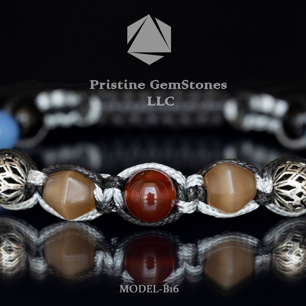 Bracelet en Pierre Précieuse de Luxe fait main-Argent Sterling 925-Œil de Chat-Agate Cornaline-Agate Noire-Agate Bleue de Dentelle. Exclusif