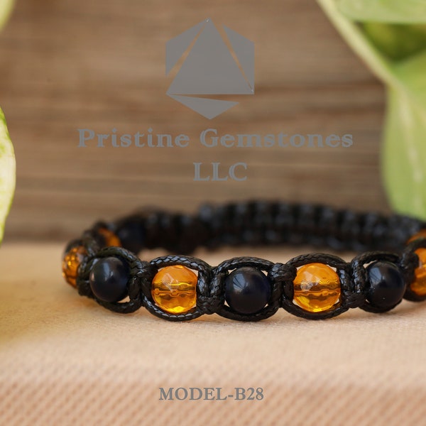 FLASH SALE-Luxury handcrafted gemstone bracelet- Blue Cat's Eye and Citrine. November Birthstone Bracelet. Adjustable Macrame Bracelet. GB28