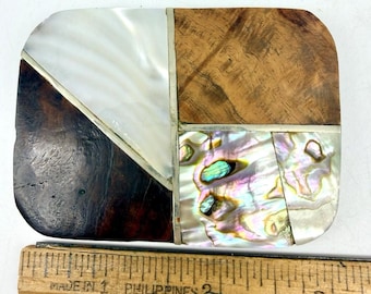 Belt Buckle Mexico Silver Abalone, Mother of Pearl Shell, Wood Inlay 3" X 2" Vintage