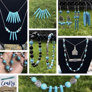 May include: A collection of turquoise and silver jewelry, including necklaces, earrings, bracelets, and a pendant. The jewelry features turquoise stones in various shapes and sizes, as well as silver accents. The jewelry is displayed on a black background.