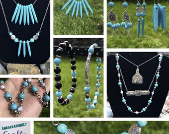 May include: A collection of turquoise and silver jewelry, including necklaces, earrings, bracelets, and a pendant. The jewelry features turquoise stones in various shapes and sizes, as well as silver accents. The jewelry is displayed on a black background.