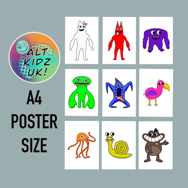 Garten of Banban Character A4 Poster Bundle PNG Roblox characters downloadable digital posters for childrens bedroom or play room image 1