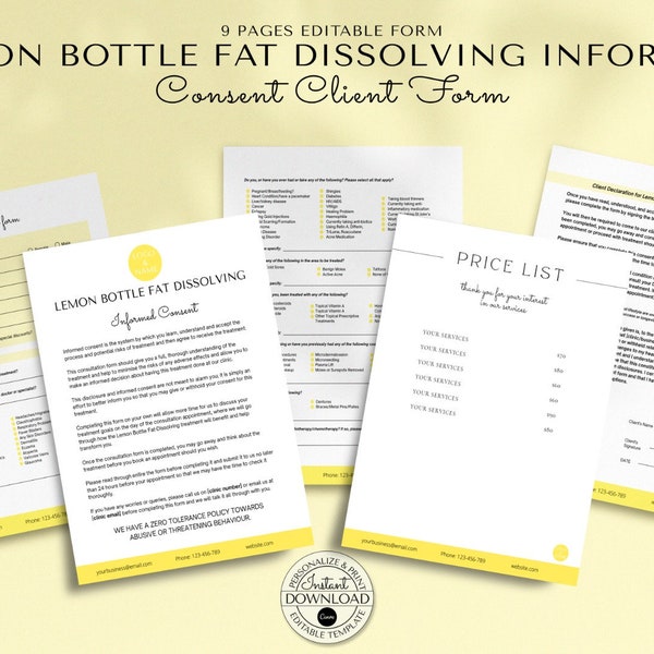 Editable Lemon Bottle Fat Dissolving System Consultation Forms, Customisable Client Intake Forms, Informed Consent