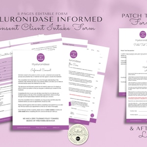 Peut inclure: Un formulaire éditable de 8 pages pour le consentement éclairé du client à l'hyaluronidase, comprenant un formulaire de test épicutané et une notice d'après-soins. Les formulaires sont de couleur violette et blanche avec un logo et le texte "Hyaluronidase Consentement éclairé" et "Hyaluronidase Soins après".