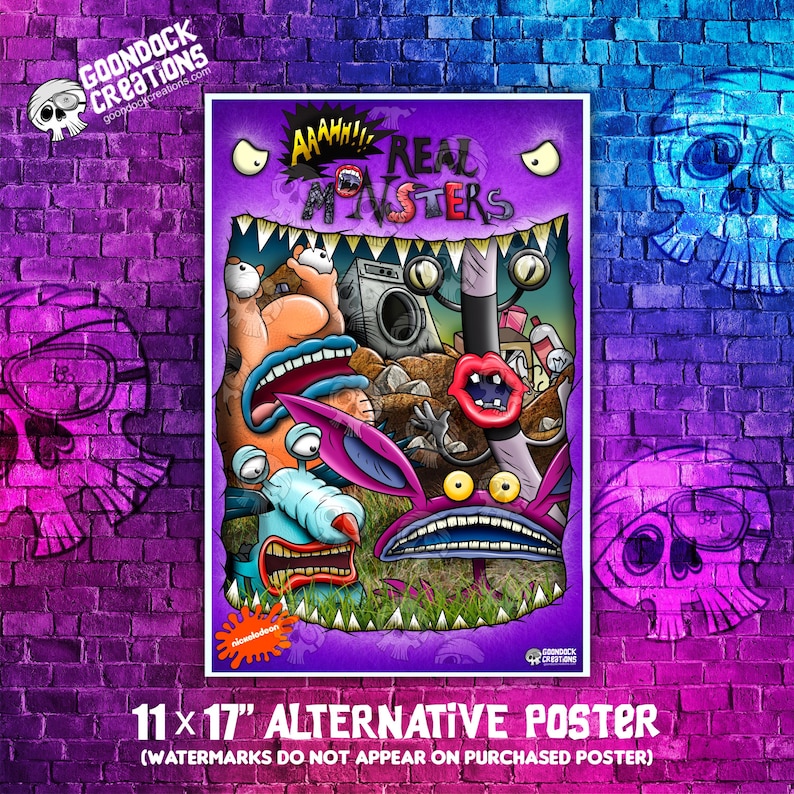 Colorful 90s cartoon art print featuring three iconic monsters, printed on premium photo luster paper.