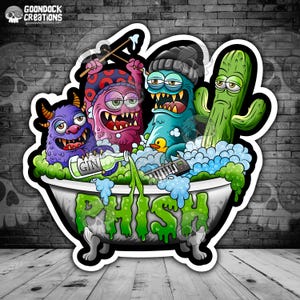 Op de afbeelding: Een sticker met een cartoon illustratie van monsters in een badkuip. Een monster giet gin uit een fles. Het woord "PHISH" staat in het groen over de kuip. De sticker heeft een witte rand.