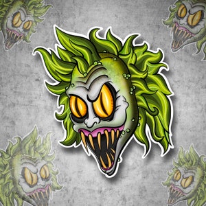 May include: A sticker depicting a cartoon character with green skin, yellow eyes, and a wide, toothy grin. The character has green, spiky hair and is surrounded by smaller, faded versions of itself against a grey background.