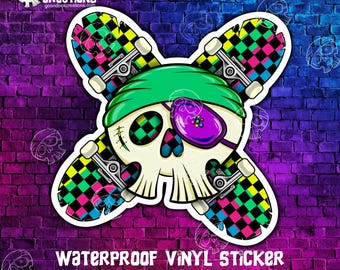 Pirate Skull and Skateboards Waterproof Vinyl Sticker