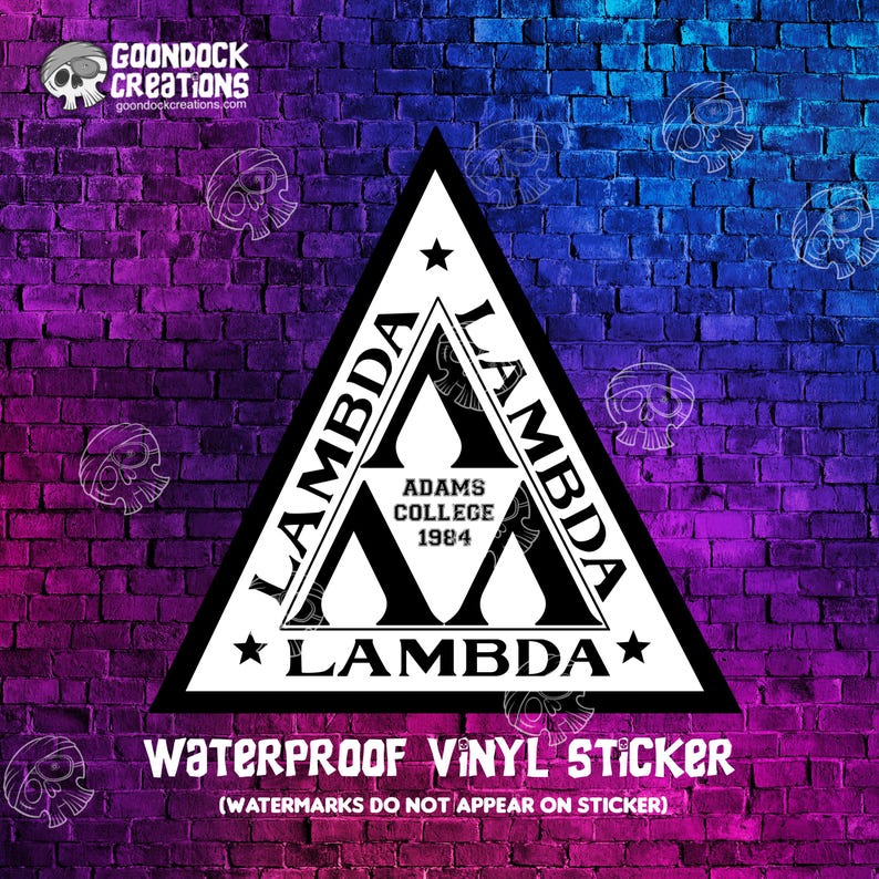 Handmade waterproof vinyl sticker featuring the Lambda Lambda Lambda fraternity logo