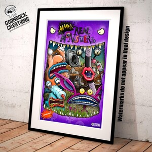 Colorful 90s cartoon art print featuring three iconic monsters, printed on premium photo luster paper.