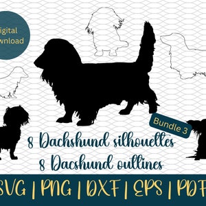 Longhaired dachshund svg bundle, dachshund silhouette bundle, dachshund outline png, dachshund clipart, dxf, cricut silhouette svg cut file
