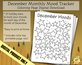 December Stars Mood Tracking Coloring Page + Color Key Page - Printable Digital Download