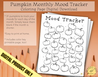 Monthly Pumpkin Mood Tracking Coloring Page + Color Key Page - Printable Digital Download