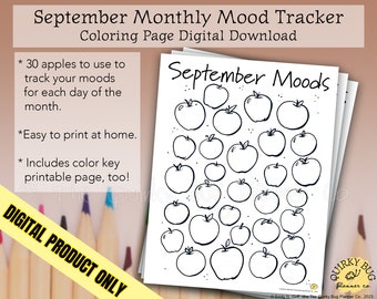 September Apples Mood Tracking Coloring Page + Color Key Page - Printable Digital Download