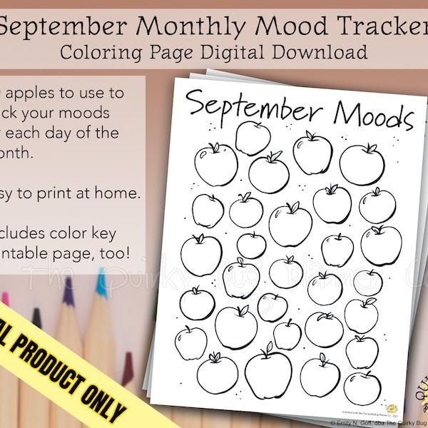 September Apples Mood Tracking Coloring Page + Color Key Page - Printable Digital Download