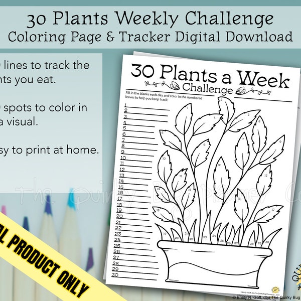 30 Plants a Week Challenge Tracker & Coloring Page - Printable Digital Download