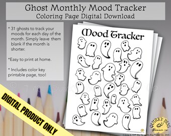 Monthly Ghost Mood Tracking Coloring Page + Color Key Page - Printable Digital Download