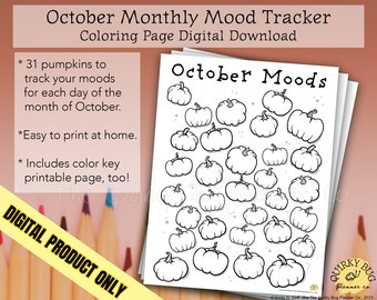 October Pumpkins Mood Tracking Coloring Page + Color Key Page - Printable Digital Download