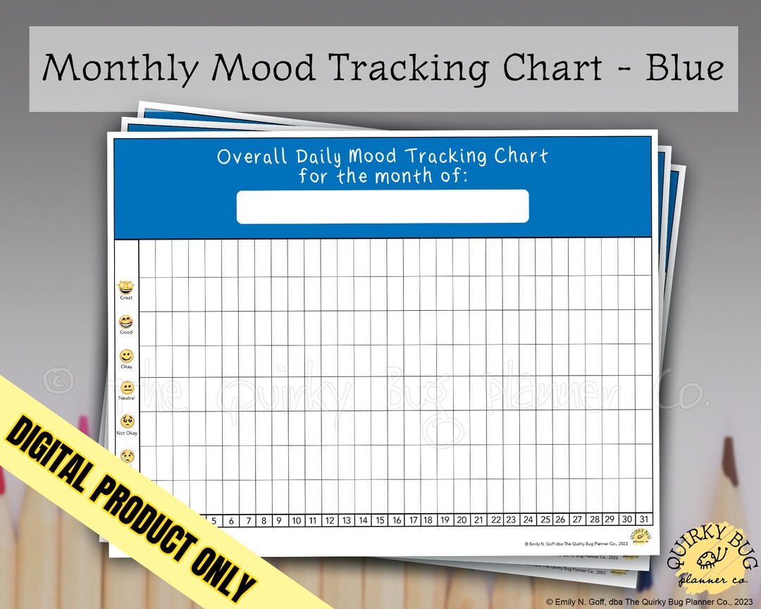 Monthly Mood Tracking Chart, BLUE Printable Digital Download Etsy