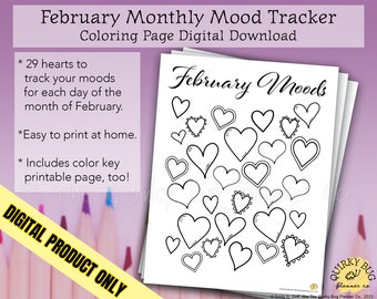 February Hearts Mood Tracking Coloring Page + Color Key Page - Printable Digital Download