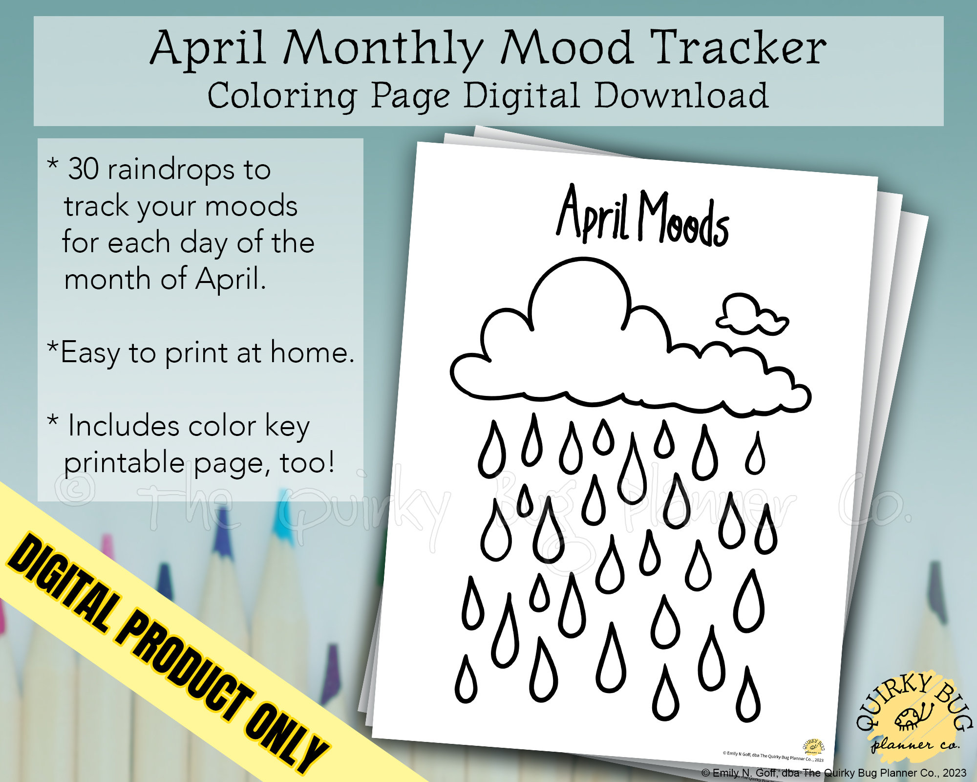 buy april raindrops mood tracking coloring page + color key page
