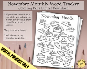 November Pies Mood Tracking Coloring Page + Color Key Page - Printable Digital Download