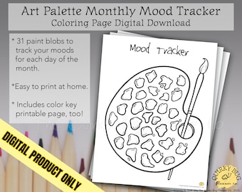 Monthly Art Palette Mood Tracking Coloring Page + Color Key Page - Printable Digital Download