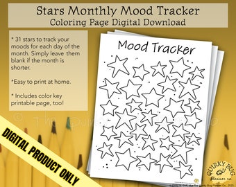 Monthly Stars Mood Tracking Coloring Page + Color Key Page - Printable Digital Download
