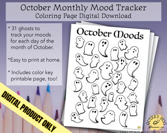 October Ghosts Mood Tracking Coloring Page + Color Key Page - Printable Digital Download