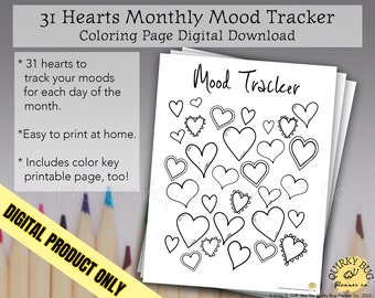 31 Hearts Monthly Mood Tracking Coloring Page + Color Key Page - Printable Digital Download