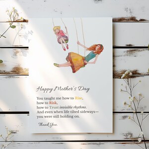 Muttertagskarte – Swing Illustration – Druckbare 13x18 Digitaler Download – Emotionales Gedicht – Lächelnder Salbei