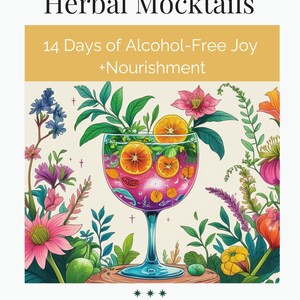 May include: An ebook cover with the title "Herbal Mocktails" and the subtitle "14 Days of Alcohol-Free Joy + Nourishment." The image features a colorful illustration of a mocktail with fruit and flowers. The ebook is described as a 30+ page recipe book.